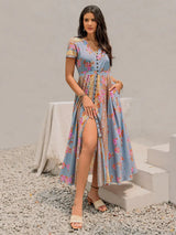 Smocked Floral V-Neck Short Sleeve Midi Dress - Trendsi - Flyclothing LLC