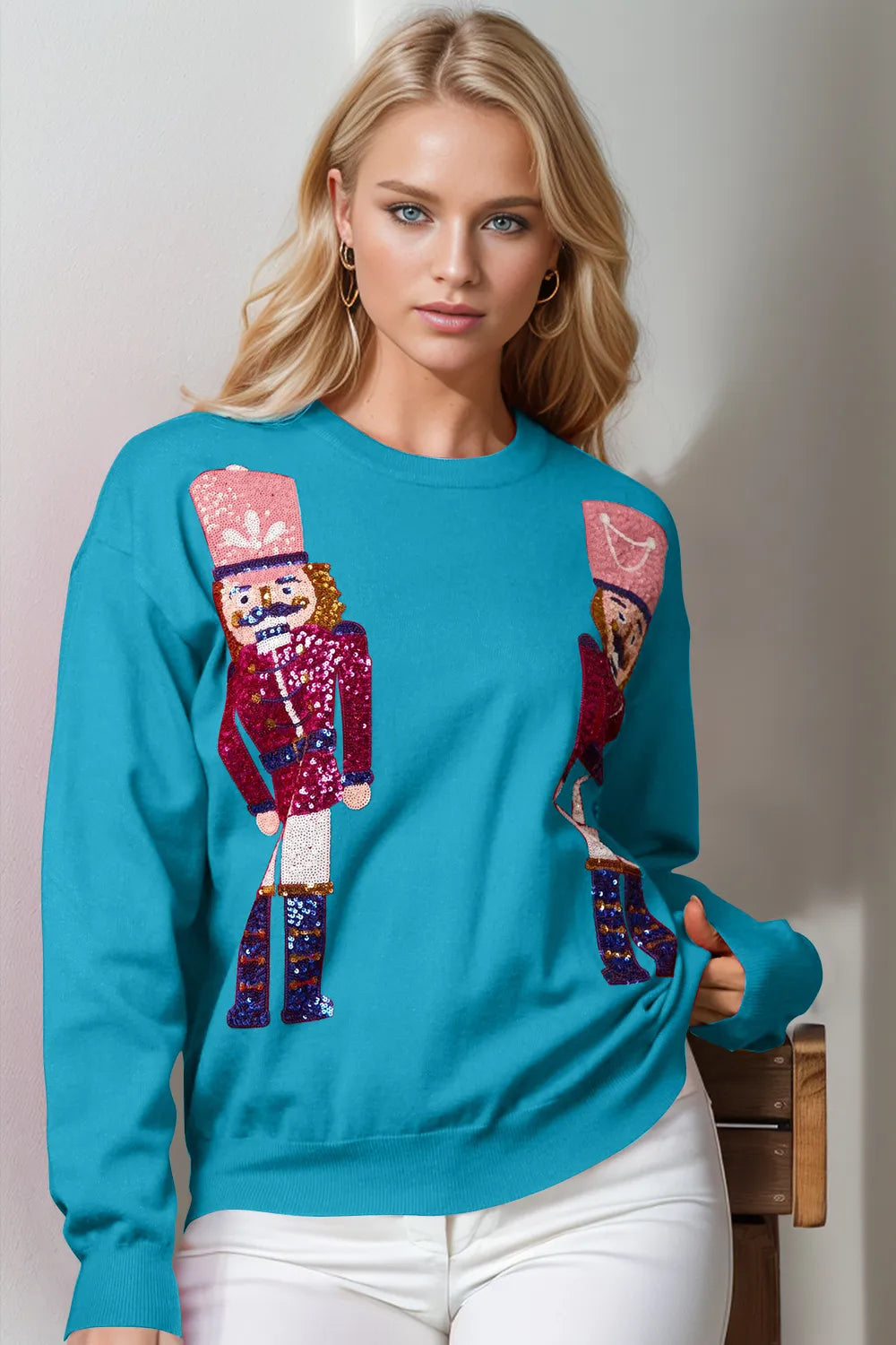 Double Take Full Size Nutcracker Sequin Long Sleeve Sweater - Trendsi - Flyclothing LLC