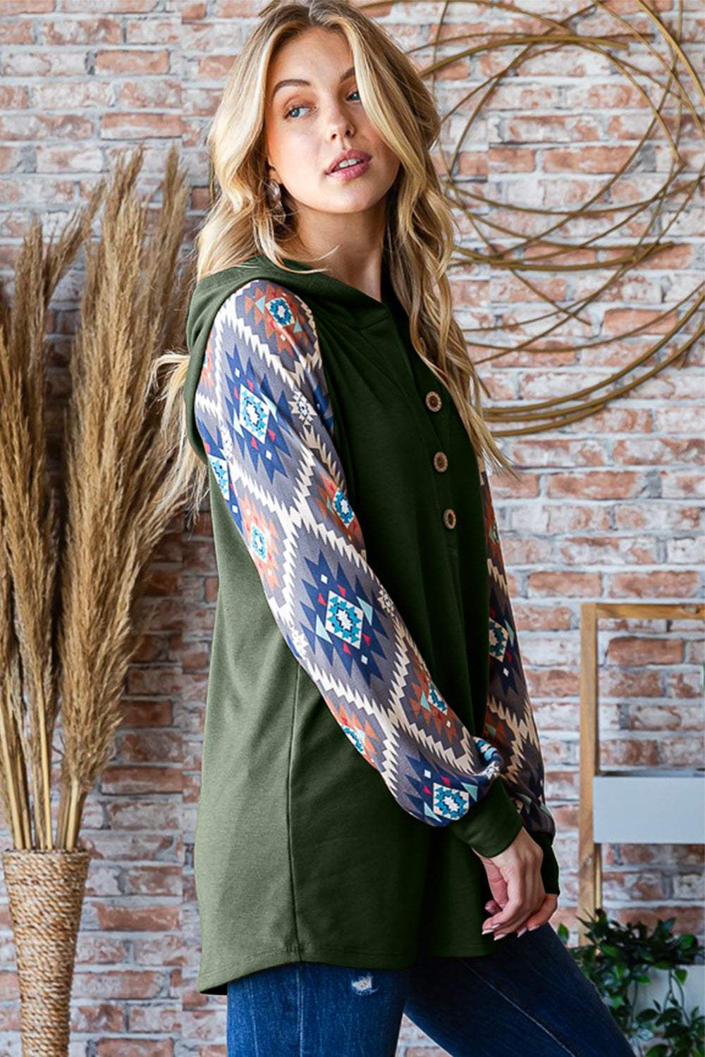 Heimish Full Size Half Button Printed Long Sleeve Hooded Top - Trendsi - Flyclothing LLC