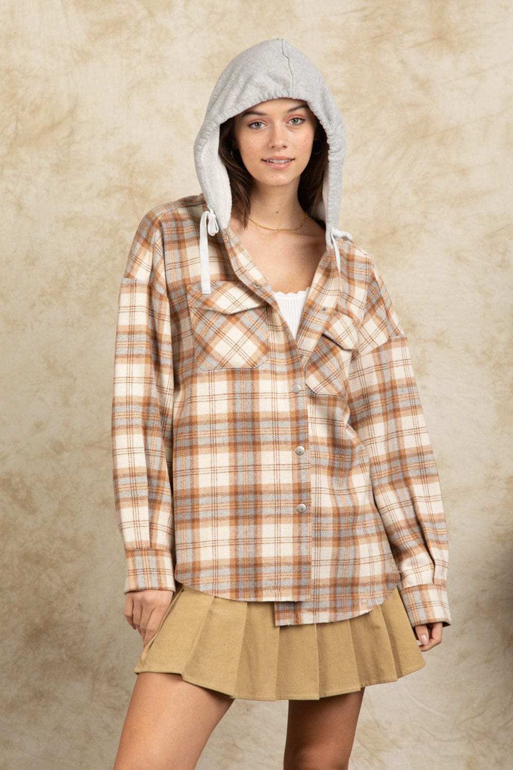 Drawstring Plaid Long Sleeve Hooded Jacket - Trendsi - Flyclothing LLC