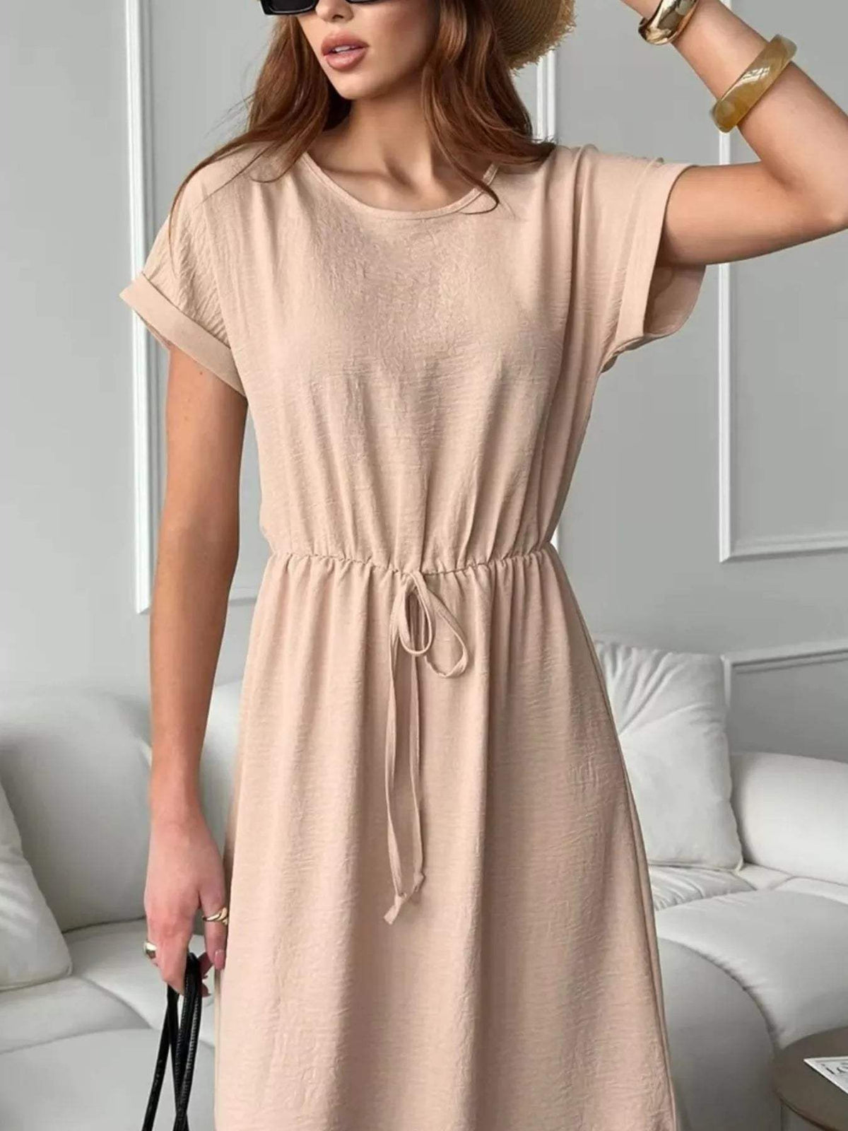Casual Drawstring Waist Midi Dress - Trendsi - Flyclothing LLC