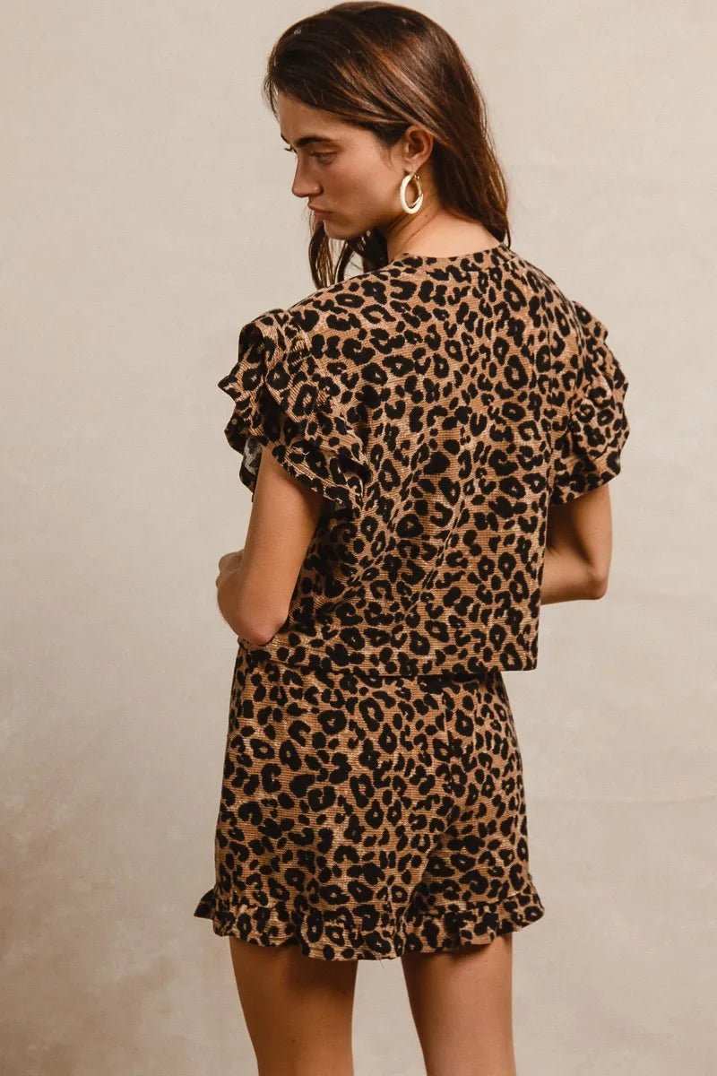 BiBi Leopard Print Waffle Texture Layered Ruffle Sleeve Top and Shorts Set - Trendsi - Flyclothing LLC