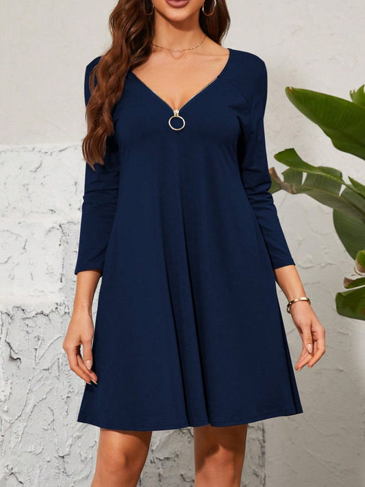 Quarter Zip Long Sleeve Dress - Trendsi