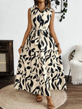 Printed Tie Waist Sleeveless Maxi Dress - Trendsi
