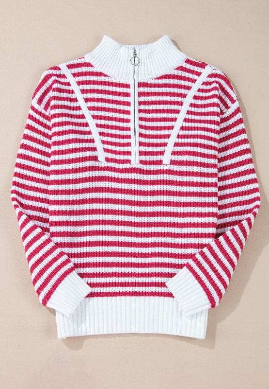 Striped Half Zip Mock Neck Long Sleeve Sweater - Trendsi - Flyclothing LLC