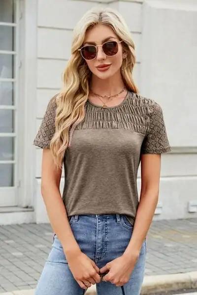 Smocked Round Neck Short Sleeve T-Shirt - Trendsi