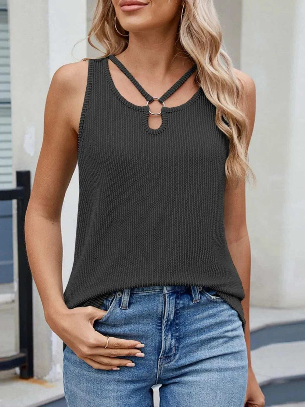 O-Ring Cutout Ribbed Knit Tank Top - Trendsi - Flyclothing LLC