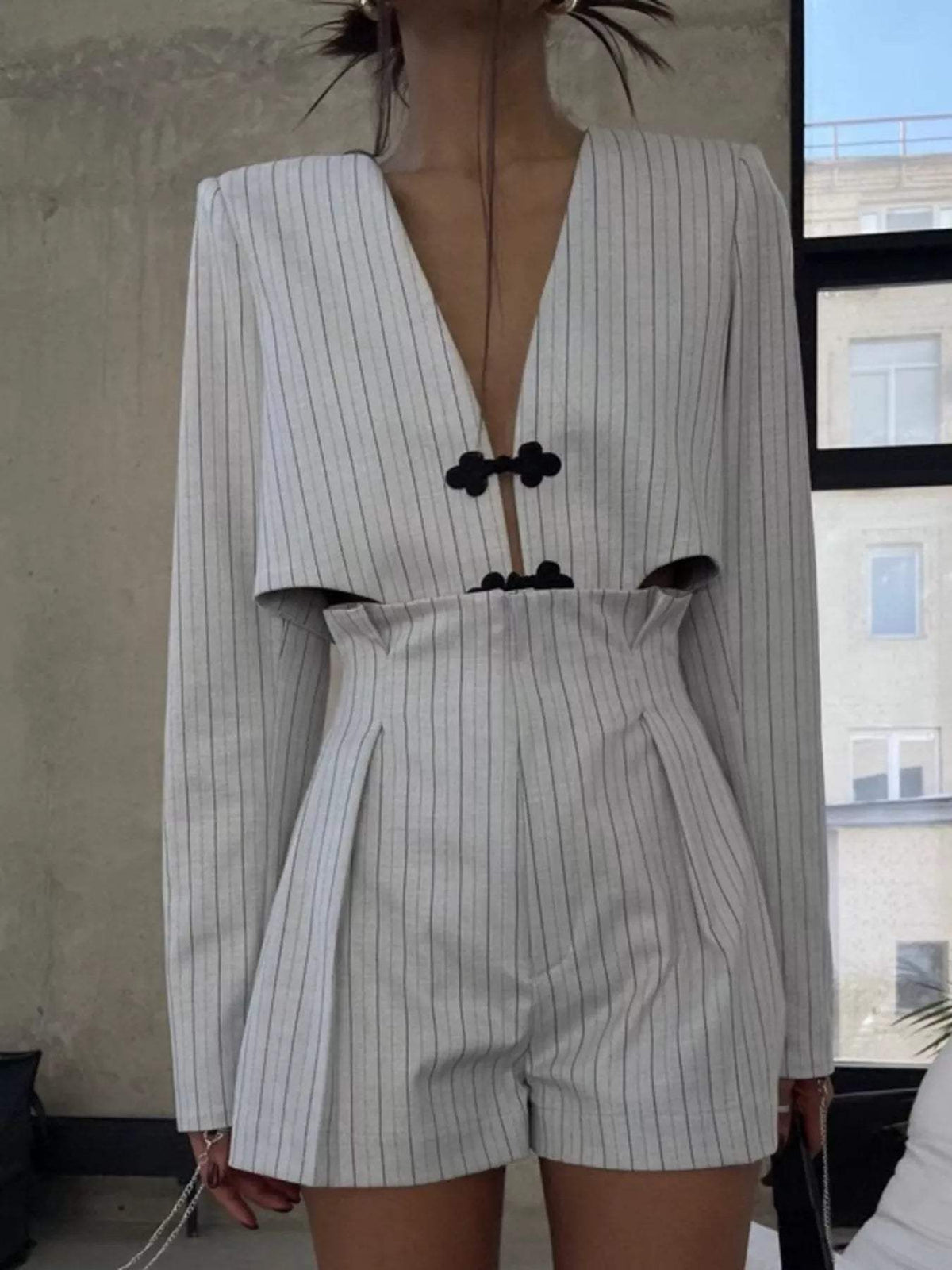 Pinstripe Cropped Blazer and Pleated Shorts Set - Trendsi - Flyclothing LLC