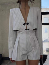 Pinstripe Cropped Blazer and Pleated Shorts Set - Trendsi - Flyclothing LLC