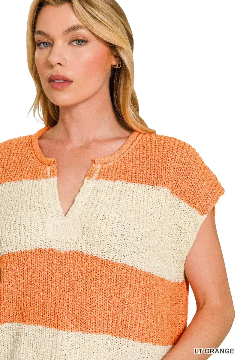 Zenana Split Neck Sleeveless Stripe Sweater - Trendsi - Flyclothing LLC