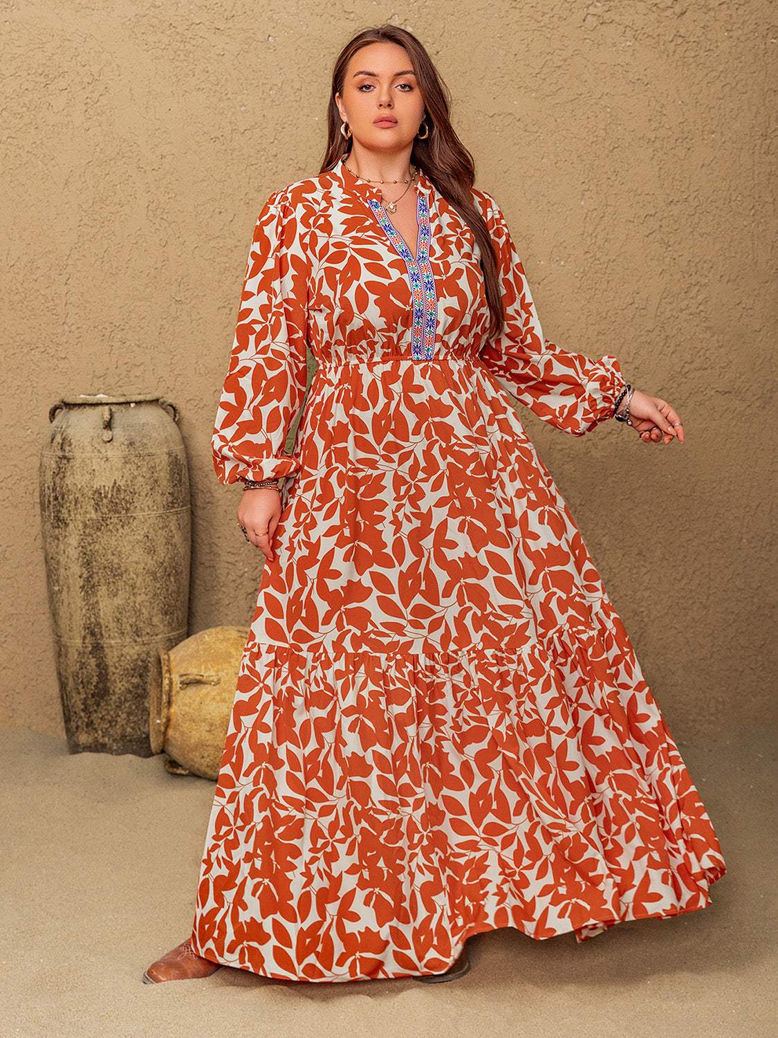 Plus Size Printed Notched Long Sleeve Maxi Dress - Trendsi - Flyclothing LLC