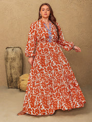 Plus Size Printed Notched Long Sleeve Maxi Dress - Trendsi