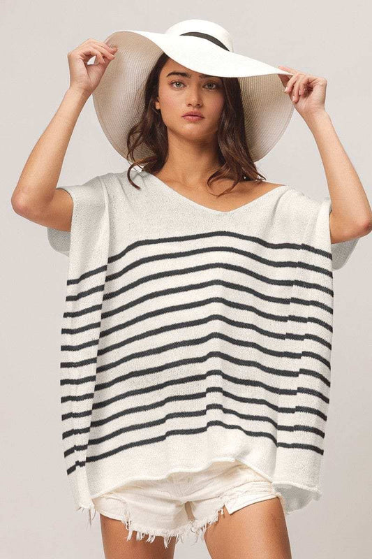BiBi V Neck Striped Short Sleeve Top - Trendsi - Flyclothing LLC