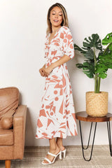 Printed Surplice Balloon Sleeve Dress - Trendsi - Flyclothing LLC