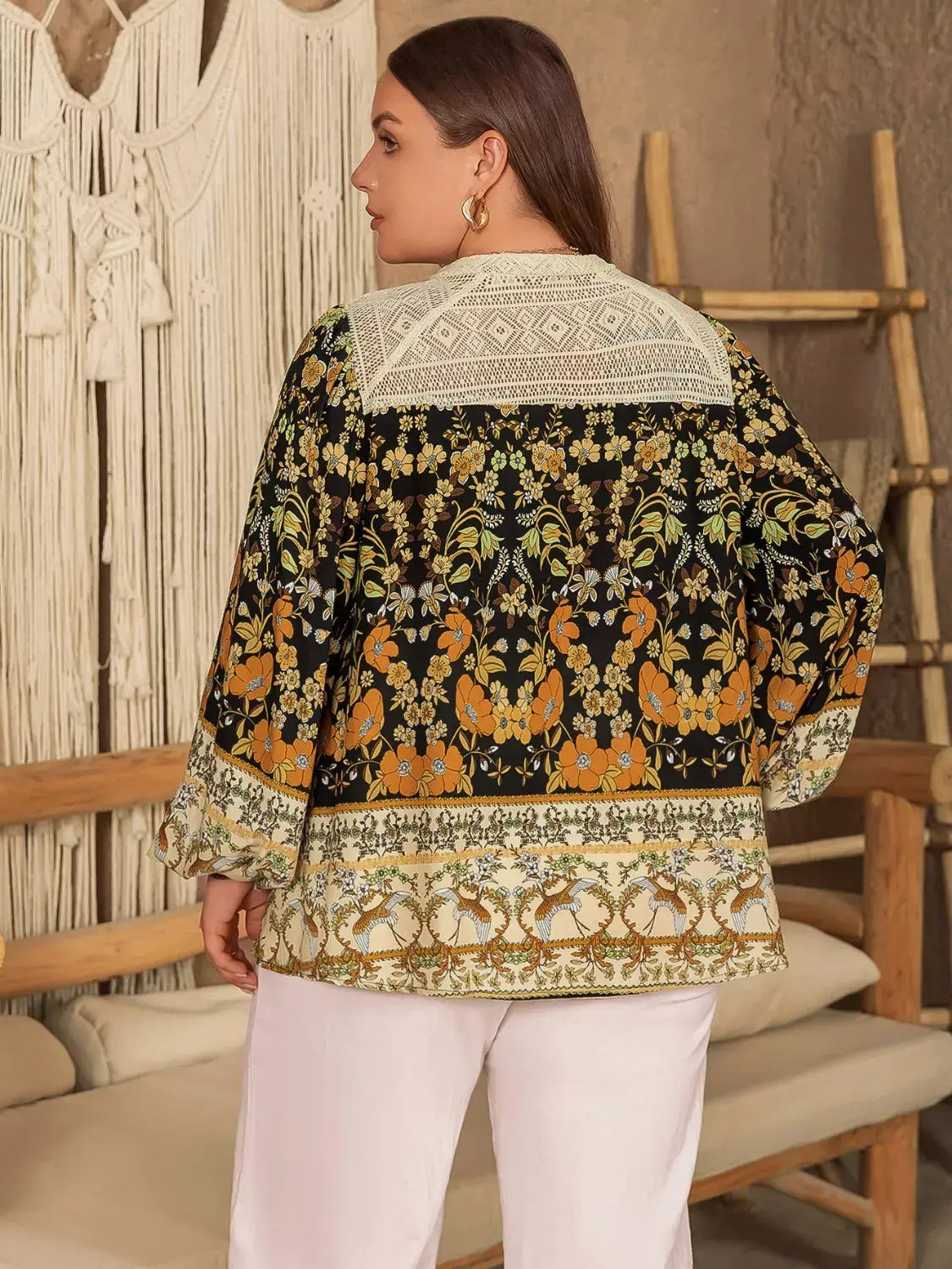 Plus Size Floral Print Notched Blouse - Trendsi - Flyclothing LLC