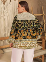 Plus Size Floral Print Notched Blouse - Trendsi - Flyclothing LLC