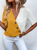 Decorative Button Surplice Short Sleeve Blouse - Trendsi - Flyclothing LLC
