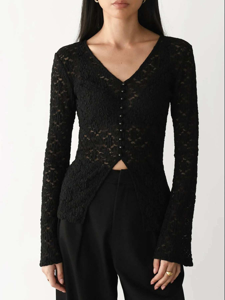 Lace V-Neck Flare Sleeve T-Shirt - Trendsi - Flyclothing LLC