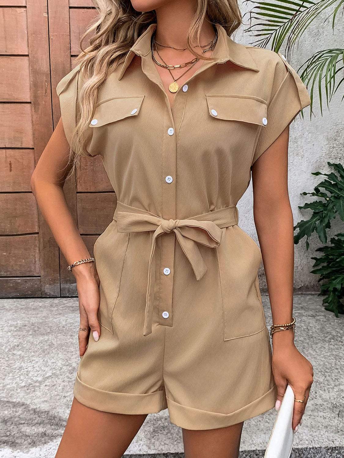 Collared Neck Tie Waist Romper with Pockets - Trendsi - Flyclothing LLC