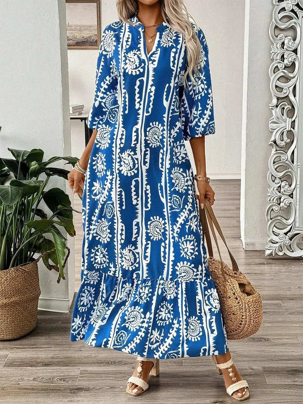 Printed Notched Half Sleeve Maxi Dress - Trendsi - Flyclothing LLC