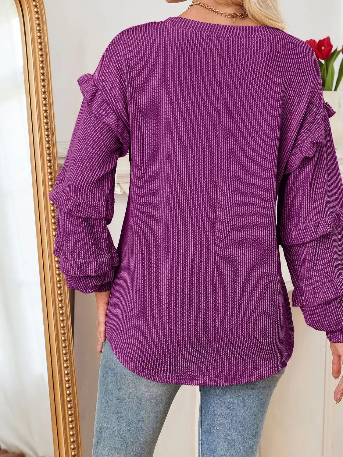 Ruffled Long Sleeve Knit T-Shirt - Trendsi - Flyclothing LLC