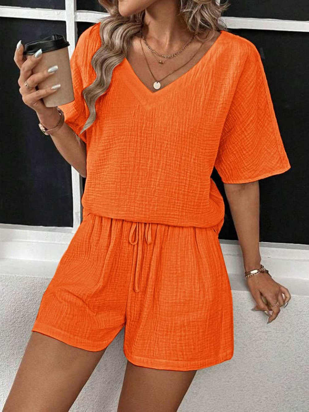 V-Neck Half Sleeve Top and Shorts Set - Trendsi - Flyclothing LLC
