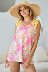 BiBi Printed V Neck Ruffled Tank - Trendsi - Flyclothing LLC