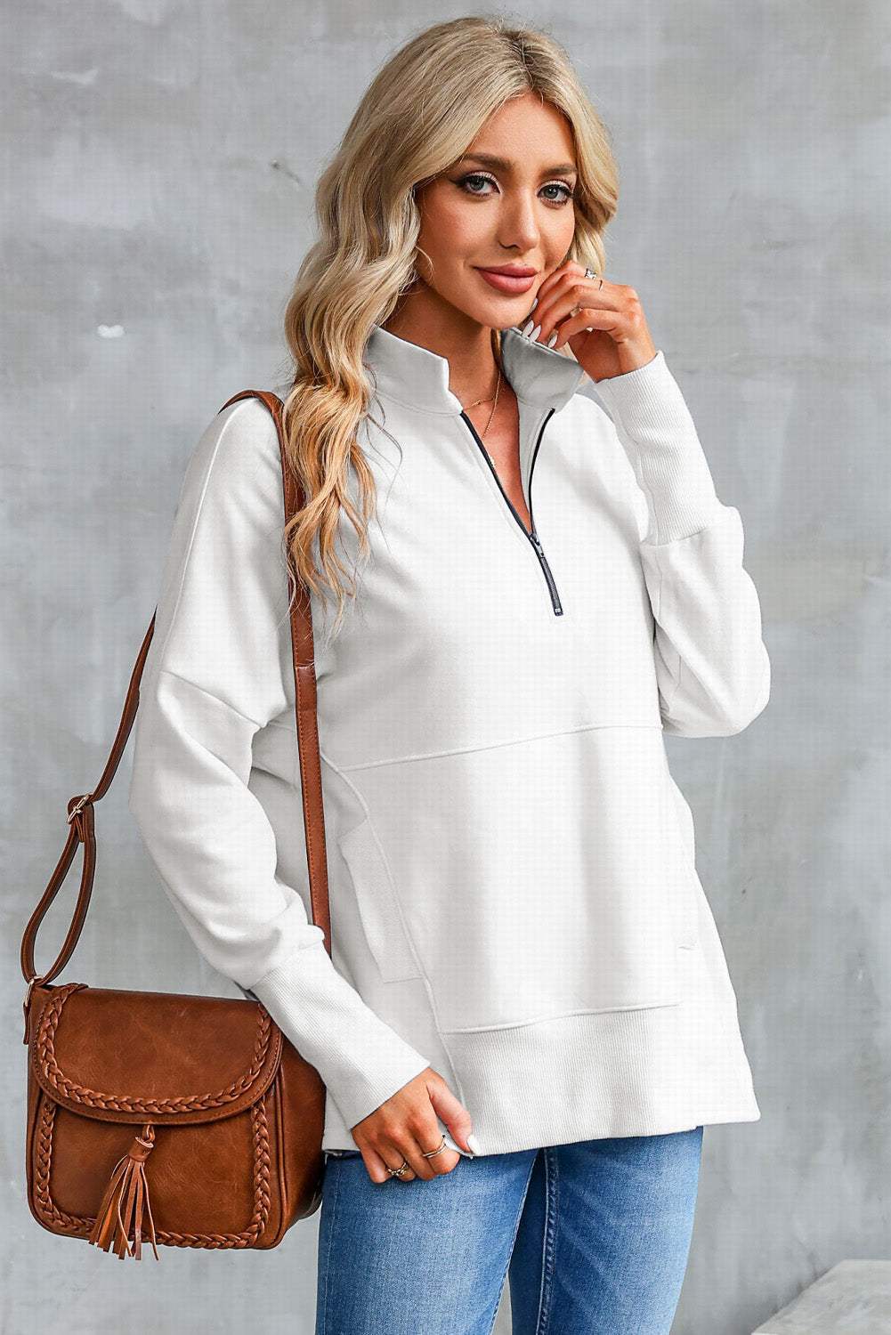 Half Zip Pocketed Dropped Shoulder Sweatshirt - Trendsi - Flyclothing LLC