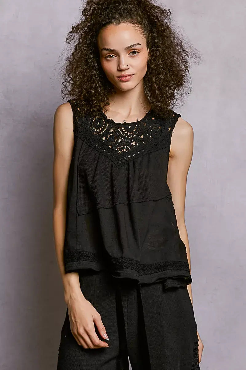 POL Round Neck Sleeveless Top with Crochet Contrast - Trendsi - Flyclothing LLC