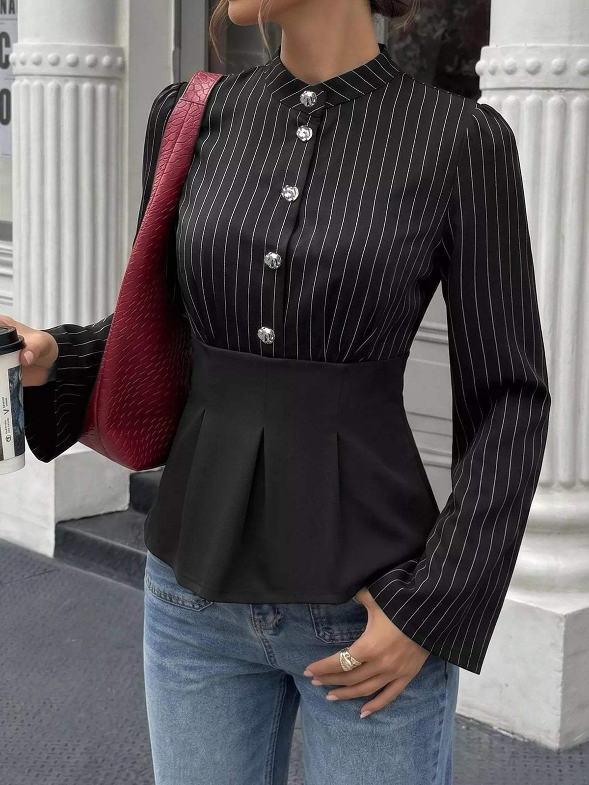 Striped Long Sleeve Peplum Blouse - Trendsi - Flyclothing LLC