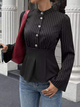 Striped Long Sleeve Peplum Blouse - Trendsi - Flyclothing LLC