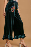 Umgee Full Size Wide Fit Ruffle Velvet Pants with Embroidered Pockets Plus Size - Trendsi - Flyclothing LLC