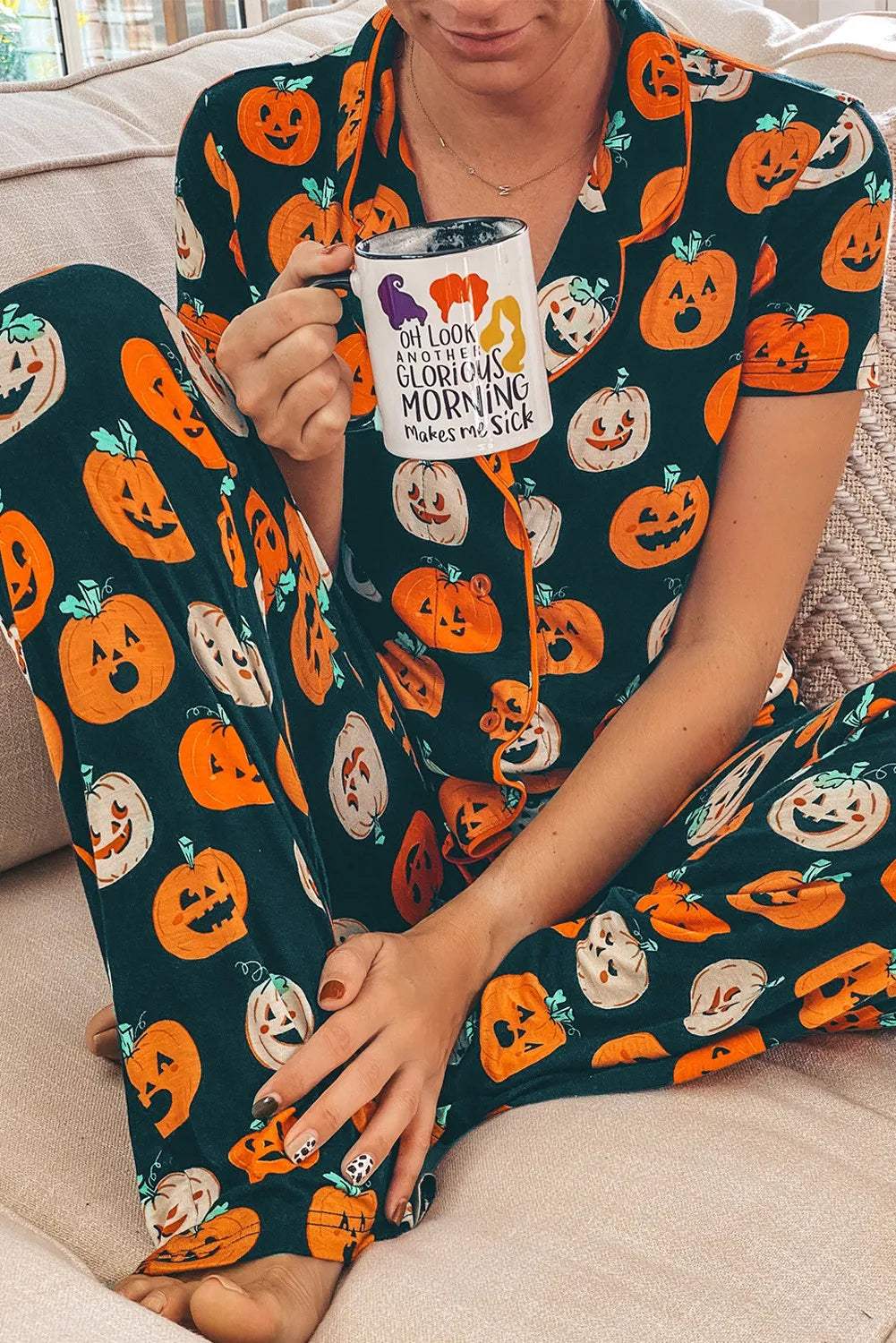 Pumpkin Printed Short Sleeve Top and Pants Lounge Set - Trendsi - Flyclothing LLC