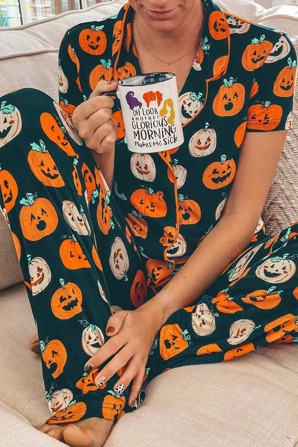 Pumpkin Printed Short Sleeve Top and Pants Lounge Set - Trendsi - Flyclothing LLC
