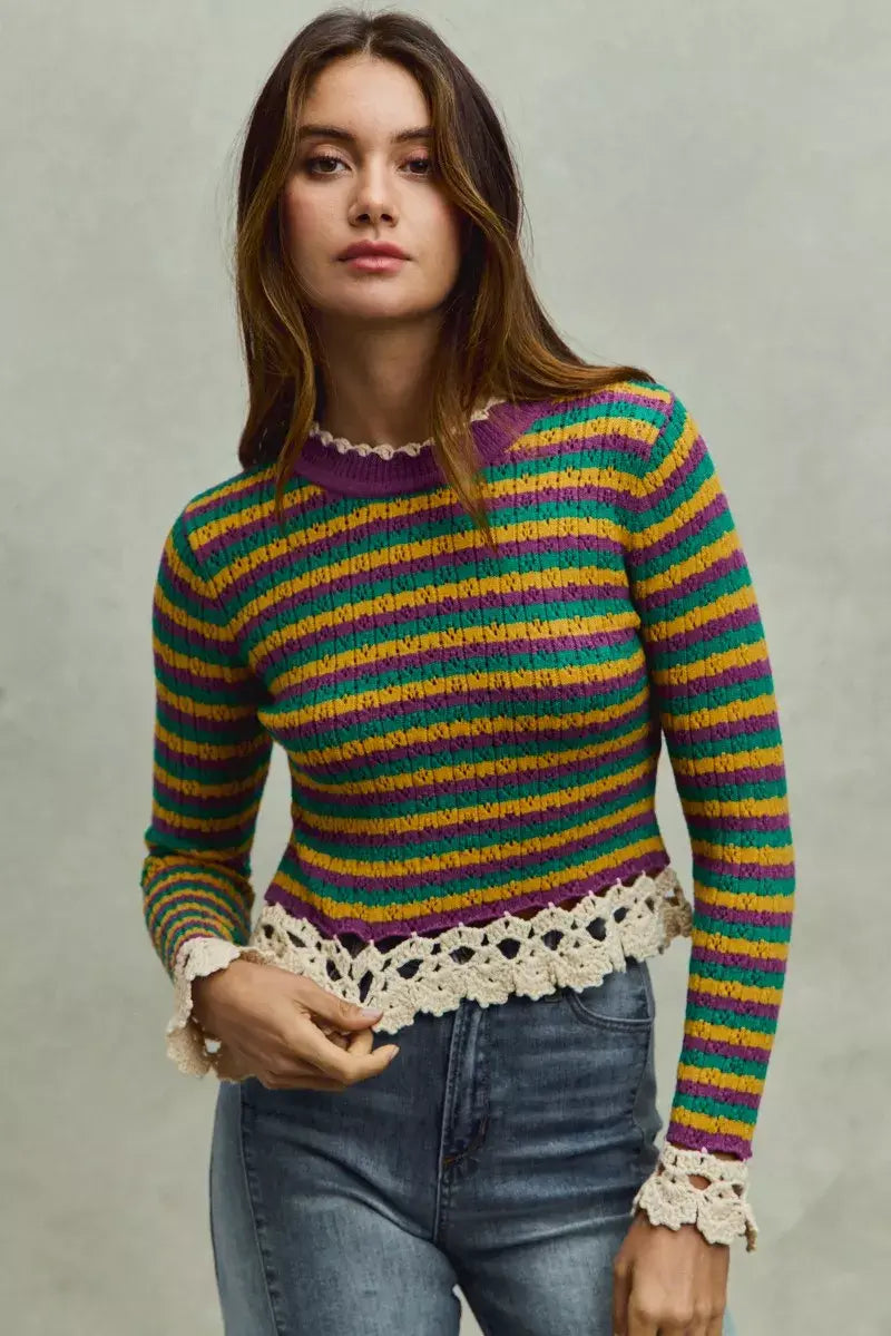 SO ME Mardi Gras Striped Cropped Knit Top with Crochet Edge - Trendsi - Flyclothing LLC
