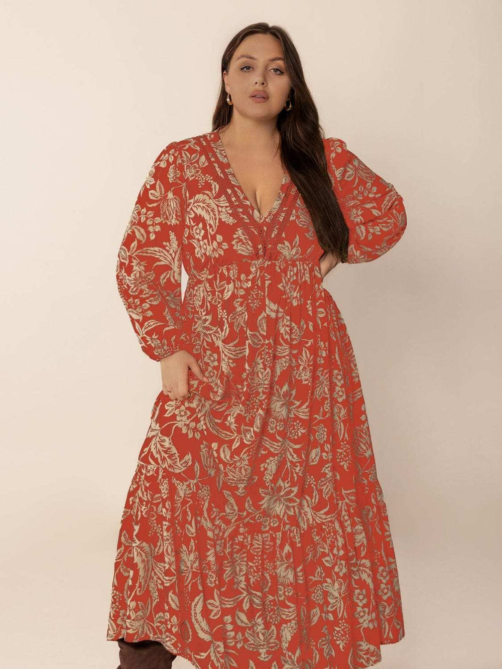 Plus Size Lace Detail Printed Balloon Sleeve Midi Dress - Trendsi - Flyclothing LLC