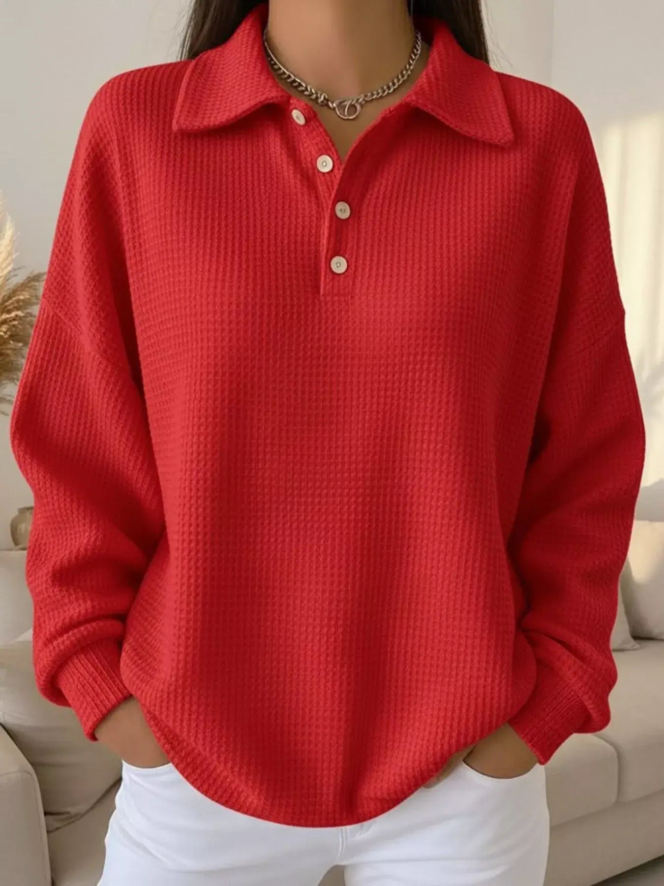 Full Size Waffle Knit Button Detail Sweatshirt Plus Size - Trendsi - Flyclothing LLC