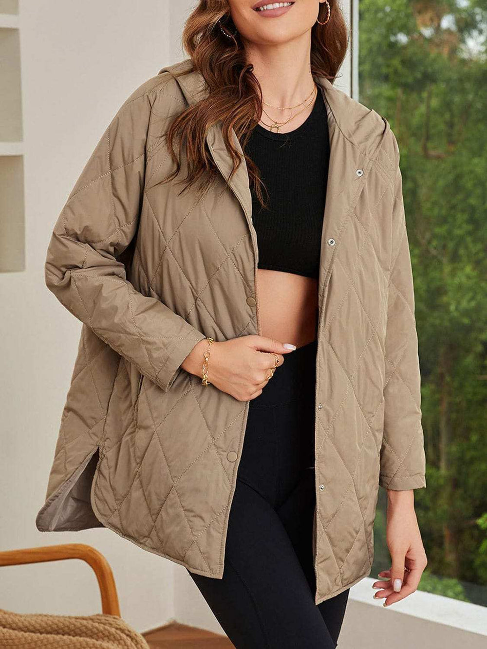 Slit Snap Down Long Sleeve Hooded Jacket - Trendsi - Flyclothing LLC