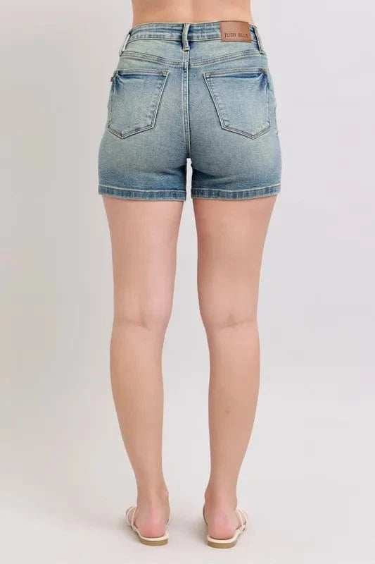 Judy Blue Full Size V-Front Vintage Wash Shorts Plus Size - Trendsi - Flyclothing LLC