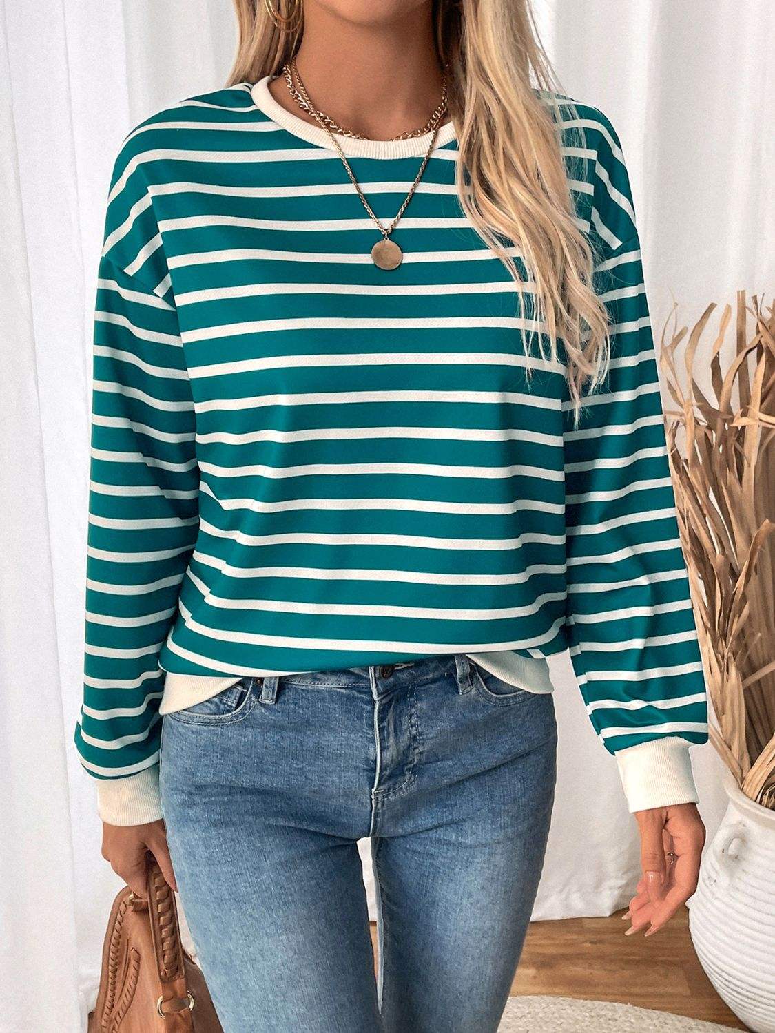 Perfee Striped Contrast Round Neck Long Sleeve Sweatshirt - Trendsi - Flyclothing LLC
