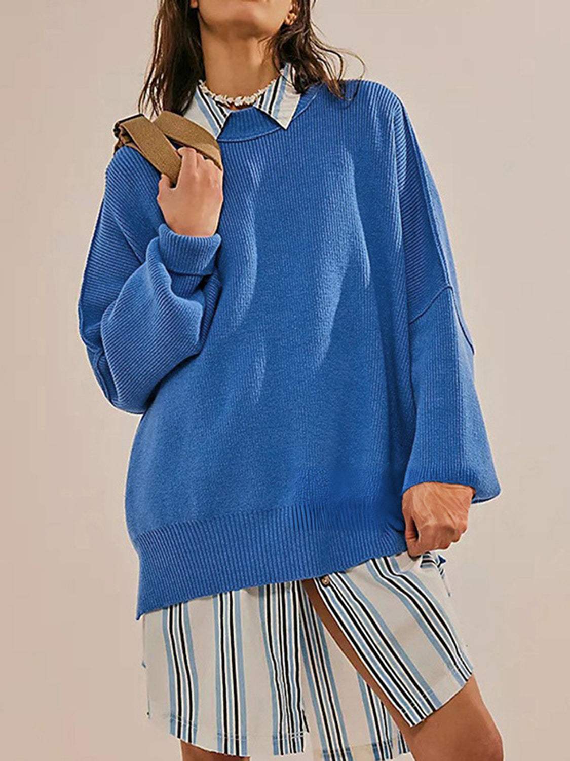 Round Neck Long Sleeve Sweater - Trendsi - Flyclothing LLC