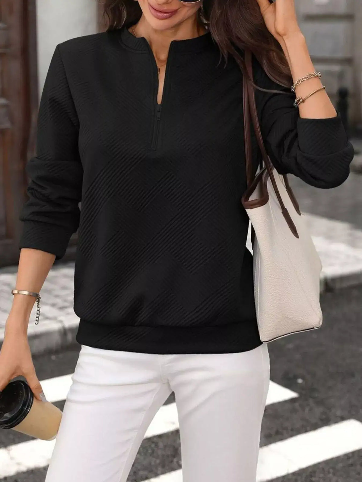 Textured Quarter-Zip Sweatshirt - Trendsi - Flyclothing LLC