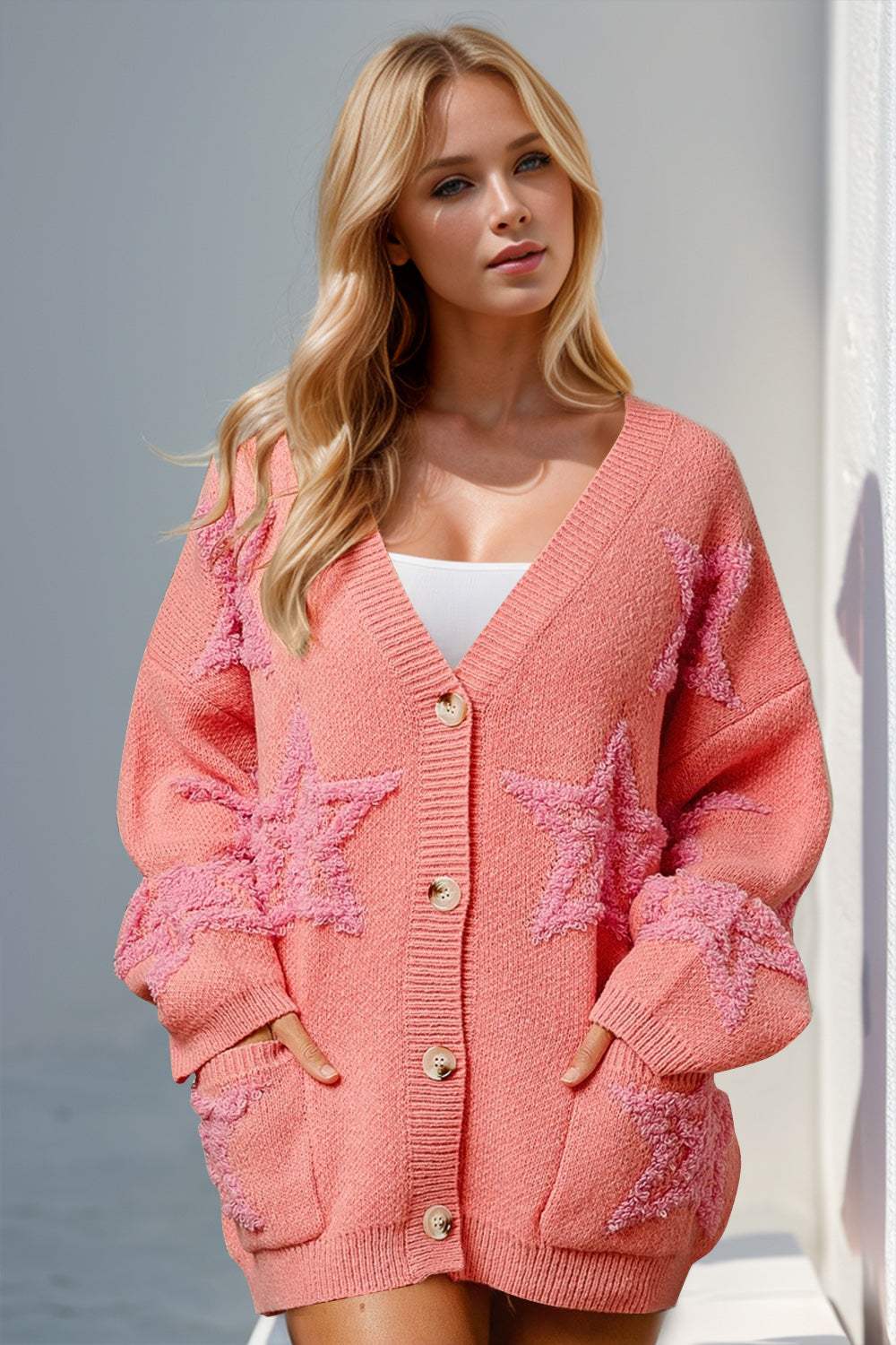 Double Take Full Size Button Up Star Pattern Cardigan - Trendsi - Flyclothing LLC