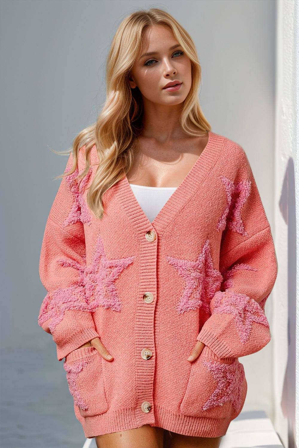 Double Take Full Size Button Up Star Pattern Cardigan - Trendsi
