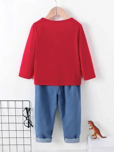 Dinosaur Round Neck Long Sleeve Top and Distressed Pants Set - Trendsi - Flyclothing LLC