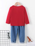 Dinosaur Round Neck Long Sleeve Top and Distressed Pants Set - Trendsi