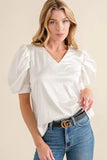 And The Why Plain Satin Puff Shirring V Neck Blouse Top - Trendsi