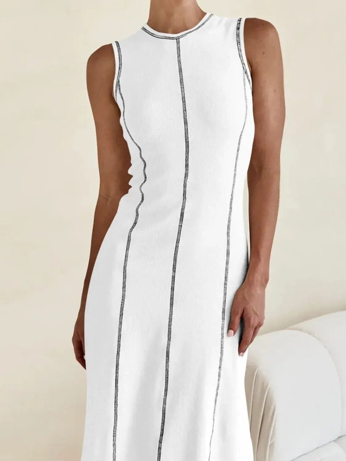Contrast Stitching Round Neck Sleeveless Midi Dress - Trendsi - Flyclothing LLC