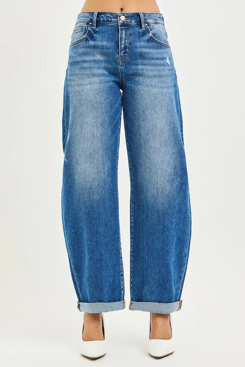 RISEN Full Size Mid Rise Barrel Double Roll Up Jeans Plus Size - Trendsi - Flyclothing LLC