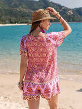 Printed V-Neck Short Sleeve Romper - Trendsi - Flyclothing LLC